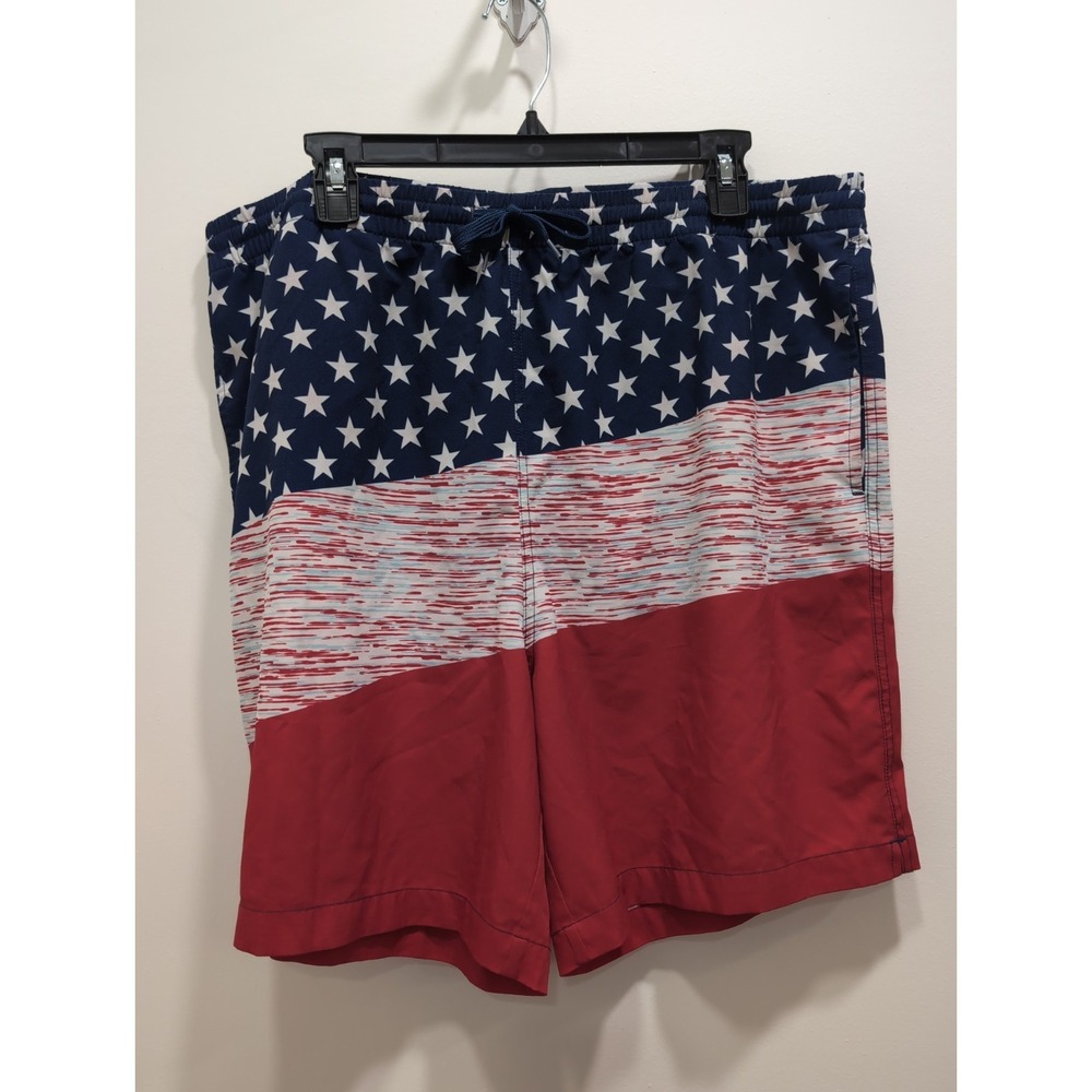Burlebo Swim Trunks Men XL Blue White Red Patriotic Flag Print Stretch 7"